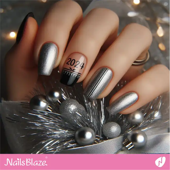 Silver and Black New Year's Nails | 2024 Nails - NB3713